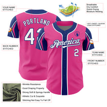 Laden Sie das Bild in den Galerie-Viewer, Custom Pink White-Royal 3 Colors Arm Shapes Authentic Baseball Jersey
