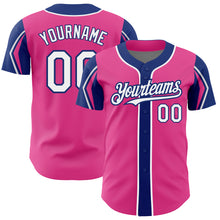 Load image into Gallery viewer, Custom Pink White-Royal 3 Colors Arm Shapes Authentic Baseball Jersey
