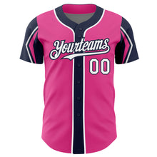 Laden Sie das Bild in den Galerie-Viewer, Custom Pink White-Navy 3 Colors Arm Shapes Authentic Baseball Jersey
