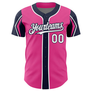 Custom Pink White-Navy 3 Colors Arm Shapes Authentic Baseball Jersey