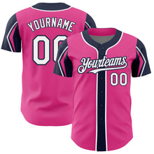 Laden Sie das Bild in den Galerie-Viewer, Custom Pink White-Navy 3 Colors Arm Shapes Authentic Baseball Jersey
