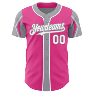 Custom Pink White-Gray 3 Colors Arm Shapes Authentic Baseball Jersey