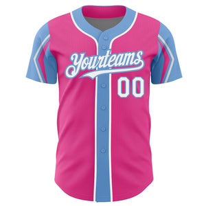 Custom Pink White-Light Blue 3 Colors Arm Shapes Authentic Baseball Jersey