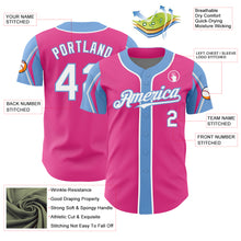 Laden Sie das Bild in den Galerie-Viewer, Custom Pink White-Light Blue 3 Colors Arm Shapes Authentic Baseball Jersey
