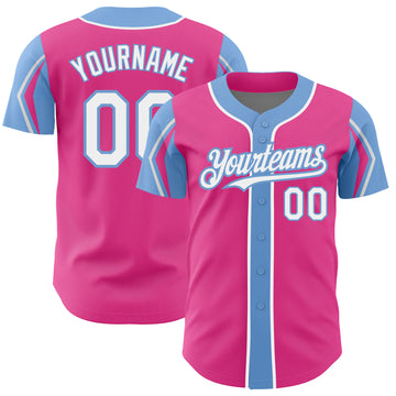 Custom Pink White-Light Blue 3 Colors Arm Shapes Authentic Baseball Jersey
