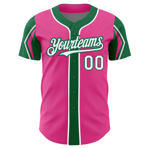 Custom Pink White-Kelly Green 3 Colors Arm Shapes Authentic Baseball Jersey