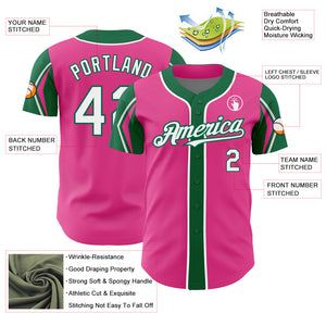 Custom Pink White-Kelly Green 3 Colors Arm Shapes Authentic Baseball Jersey