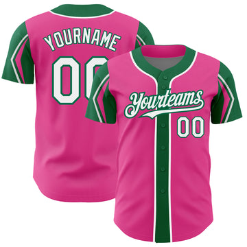 Custom Pink White-Kelly Green 3 Colors Arm Shapes Authentic Baseball Jersey