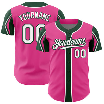 Custom Pink White-Green 3 Colors Arm Shapes Authentic Baseball Jersey