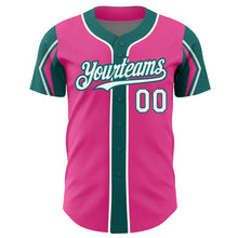 Load image into Gallery viewer, Custom Pink White-Teal 3 Colors Arm Shapes Authentic Baseball Jersey
