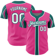 Laden Sie das Bild in den Galerie-Viewer, Custom Pink White-Teal 3 Colors Arm Shapes Authentic Baseball Jersey
