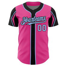 Load image into Gallery viewer, Custom Pink Light Blue-Black 3 Colors Arm Shapes Authentic Baseball Jersey
