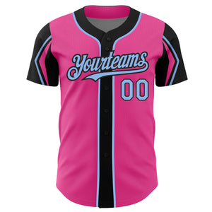 Custom Pink Light Blue-Black 3 Colors Arm Shapes Authentic Baseball Jersey
