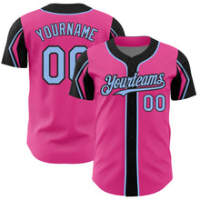 Load image into Gallery viewer, Custom Pink Light Blue-Black 3 Colors Arm Shapes Authentic Baseball Jersey
