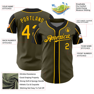 Custom Olive Gold-Black 3 Colors Arm Shapes Authentic Salute To Service Baseball Jersey