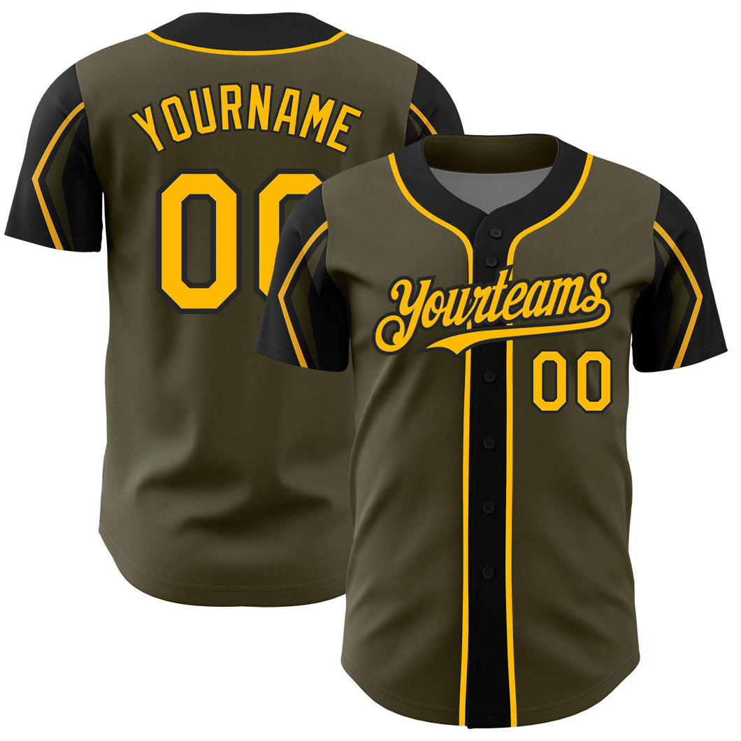 Custom Olive Gold-Black 3 Colors Arm Shapes Authentic Salute To Service Baseball Jersey