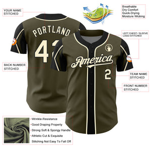 Custom Olive Cream-Black 3 Colors Arm Shapes Authentic Salute To Service Baseball Jersey