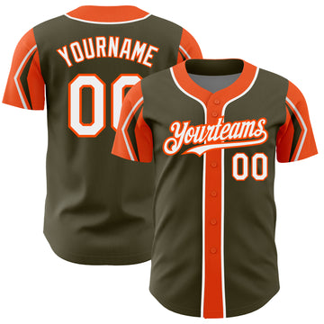 Custom Olive White-Orange 3 Colors Arm Shapes Authentic Salute To Service Baseball Jersey