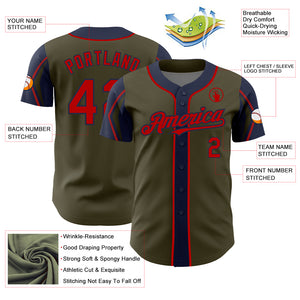 Custom Olive Red-Navy 3 Colors Arm Shapes Authentic Salute To Service Baseball Jersey
