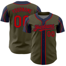 Load image into Gallery viewer, Custom Olive Red-Navy 3 Colors Arm Shapes Authentic Salute To Service Baseball Jersey
