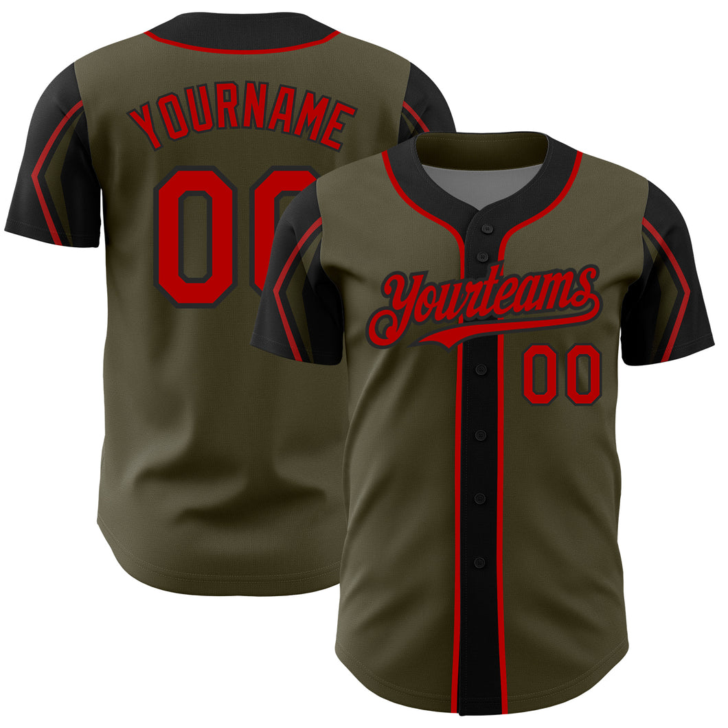 Custom Olive Red-Black 3 Colors Arm Shapes Authentic Salute To Service Baseball Jersey