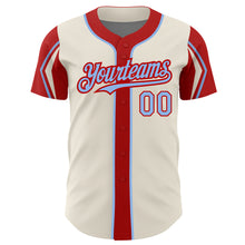 Laden Sie das Bild in den Galerie-Viewer, Custom Cream Light Blue-Red 3 Colors Arm Shapes Authentic Baseball Jersey
