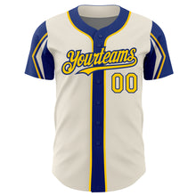 Load image into Gallery viewer, Custom Cream Yellow-Royal 3 Colors Arm Shapes Authentic Baseball Jersey
