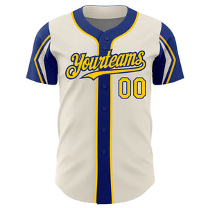 Custom Cream Yellow-Royal 3 Colors Arm Shapes Authentic Baseball Jersey
