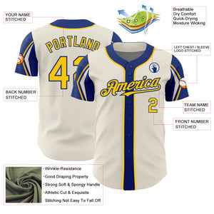 Custom Cream Yellow-Royal 3 Colors Arm Shapes Authentic Baseball Jersey