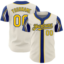 Load image into Gallery viewer, Custom Cream Yellow-Royal 3 Colors Arm Shapes Authentic Baseball Jersey
