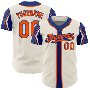 Custom Cream Orange-Royal 3 Colors Arm Shapes Authentic Baseball Jersey