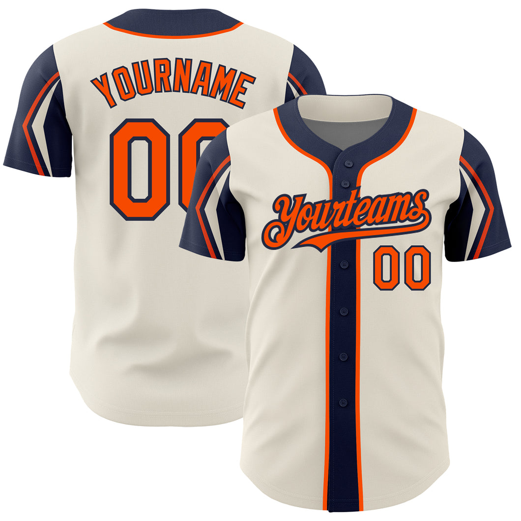 Custom Cream Orange-Navy 3 Colors Arm Shapes Authentic Baseball Jersey