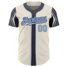 Laden Sie das Bild in den Galerie-Viewer, Custom Cream Light Blue-Steel Gray 3 Colors Arm Shapes Authentic Baseball Jersey
