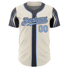 Load image into Gallery viewer, Custom Cream Light Blue-Steel Gray 3 Colors Arm Shapes Authentic Baseball Jersey
