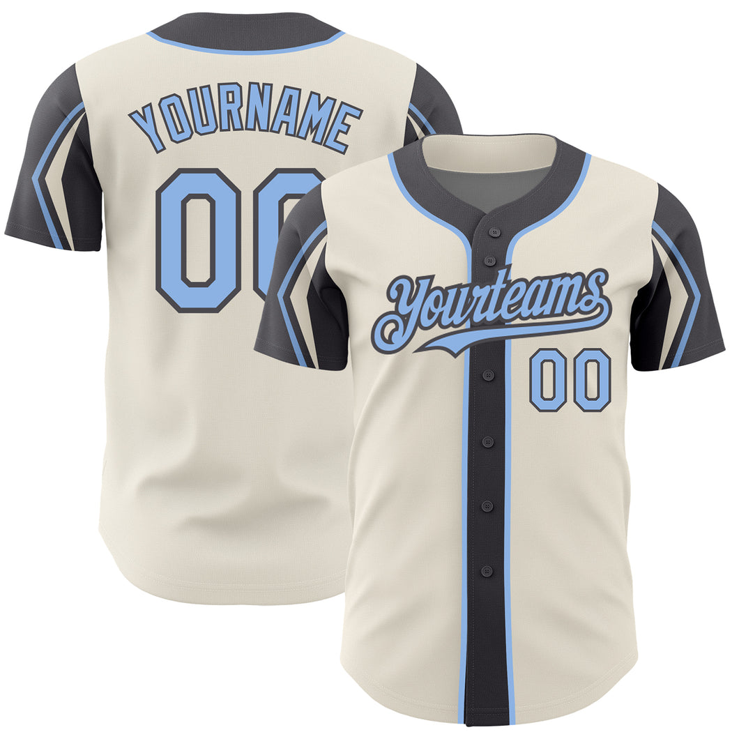 Custom Cream Light Blue-Steel Gray 3 Colors Arm Shapes Authentic Baseball Jersey