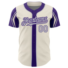 Load image into Gallery viewer, Custom Cream Gray-Purple 3 Colors Arm Shapes Authentic Baseball Jersey
