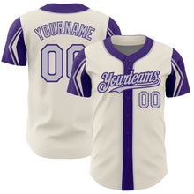 Load image into Gallery viewer, Custom Cream Gray-Purple 3 Colors Arm Shapes Authentic Baseball Jersey
