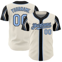 Laden Sie das Bild in den Galerie-Viewer, Custom Cream Light Blue-Black 3 Colors Arm Shapes Authentic Baseball Jersey
