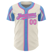 Laden Sie das Bild in den Galerie-Viewer, Custom Cream Pink-Light Blue 3 Colors Arm Shapes Authentic Baseball Jersey
