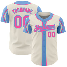 Laden Sie das Bild in den Galerie-Viewer, Custom Cream Pink-Light Blue 3 Colors Arm Shapes Authentic Baseball Jersey
