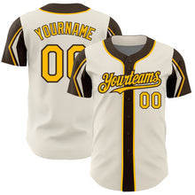 Load image into Gallery viewer, Custom Cream Gold-Brown 3 Colors Arm Shapes Authentic Baseball Jersey
