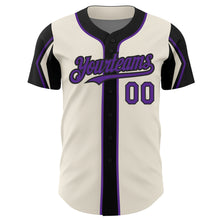 Laden Sie das Bild in den Galerie-Viewer, Custom Cream Purple-Black 3 Colors Arm Shapes Authentic Baseball Jersey
