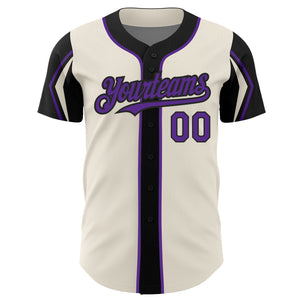 Custom Cream Purple-Black 3 Colors Arm Shapes Authentic Baseball Jersey