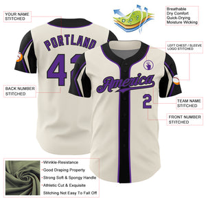 Custom Cream Purple-Black 3 Colors Arm Shapes Authentic Baseball Jersey