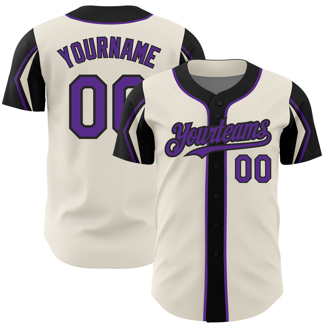 Custom Cream Purple-Black 3 Colors Arm Shapes Authentic Baseball Jersey