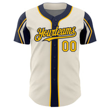 Load image into Gallery viewer, Custom Cream Gold-Navy 3 Colors Arm Shapes Authentic Baseball Jersey
