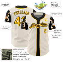 Load image into Gallery viewer, Custom Cream Gold-Black 3 Colors Arm Shapes Authentic Baseball Jersey
