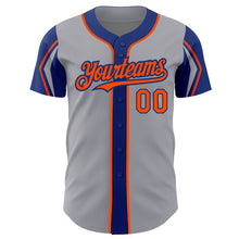 Load image into Gallery viewer, Custom Gray Orange-Royal 3 Colors Arm Shapes Authentic Baseball Jersey
