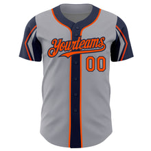 Load image into Gallery viewer, Custom Gray Orange-Navy 3 Colors Arm Shapes Authentic Baseball Jersey

