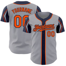 Load image into Gallery viewer, Custom Gray Orange-Navy 3 Colors Arm Shapes Authentic Baseball Jersey
